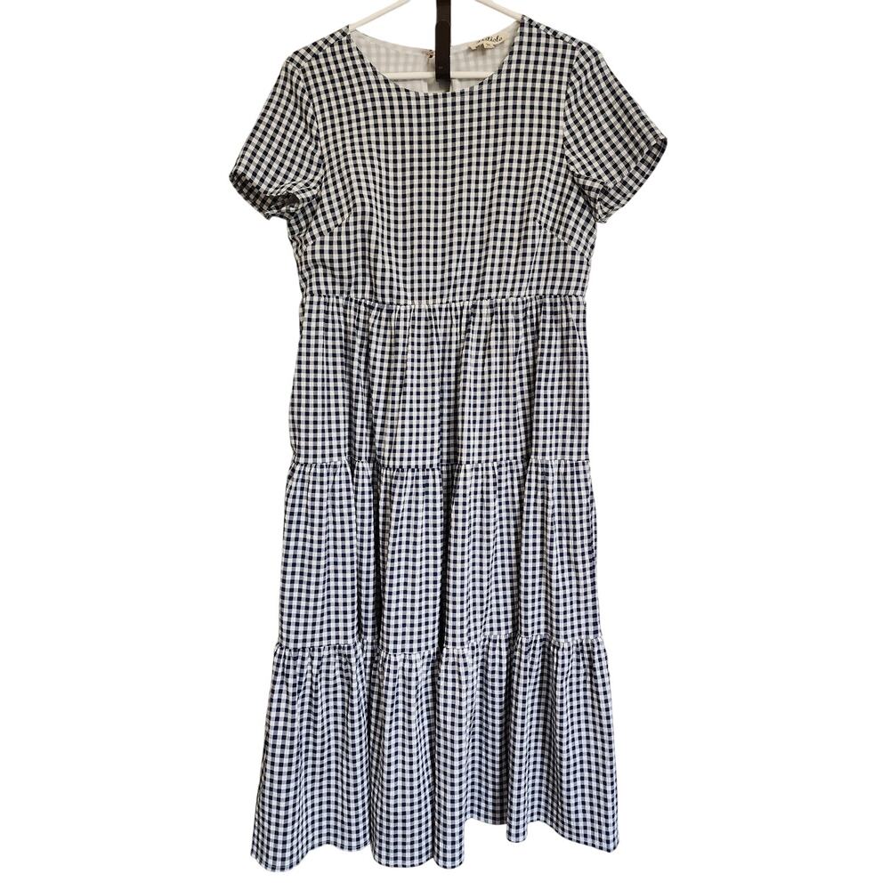 Gingham Midi Dress Navy/White Cottagecore Modest Sz M Cottage